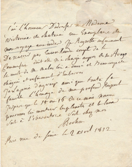 abbé Rochon astronome lettre autiographe Arago Malus  Victorine de CHASTENAY