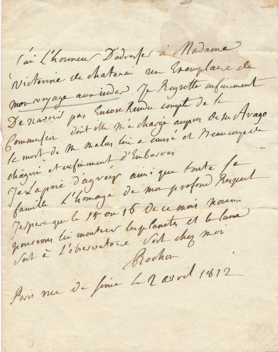 abbé Rochon astronome lettre autiographe Arago Malus  Victorine de CHASTENAY