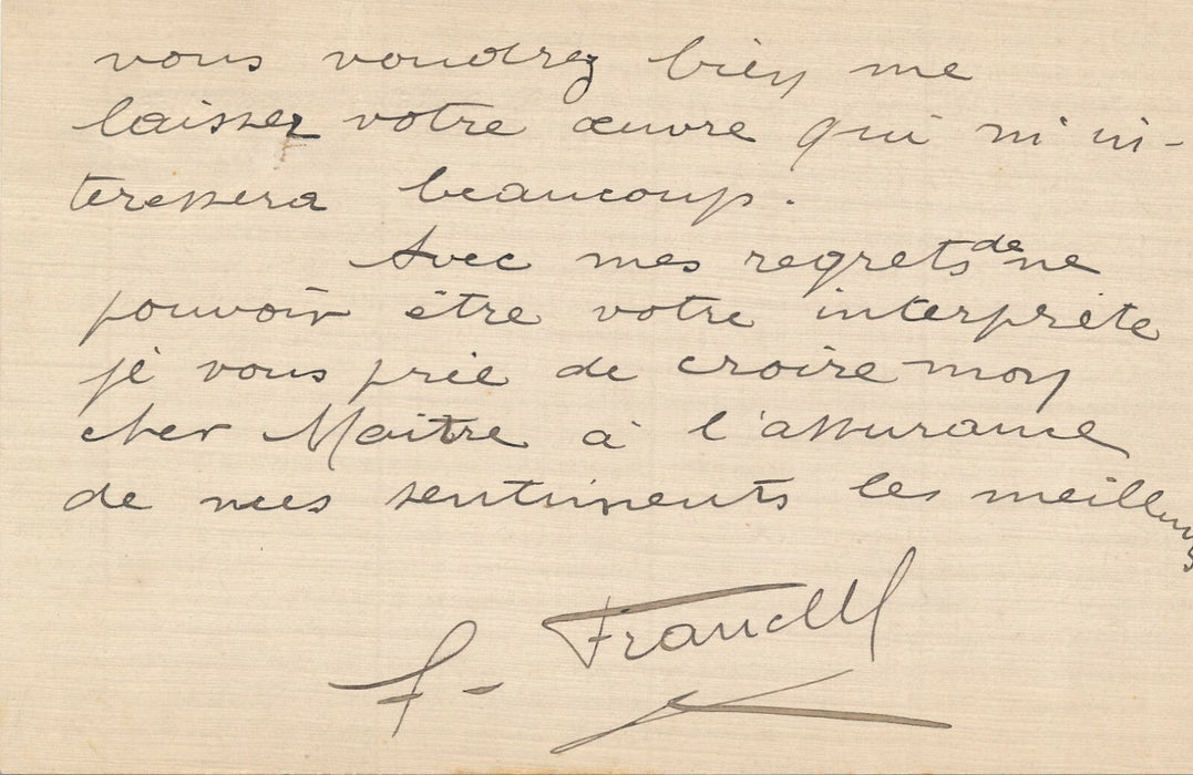 Fernand FRANCELL ténor lettre autographe signée il ne peut être l'interprète