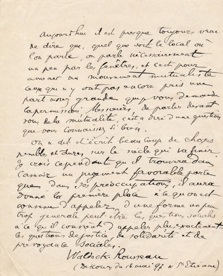 Sur mutalisme P. Waldeck Rousseau note manuscrite discours Saint-Etienne 1897