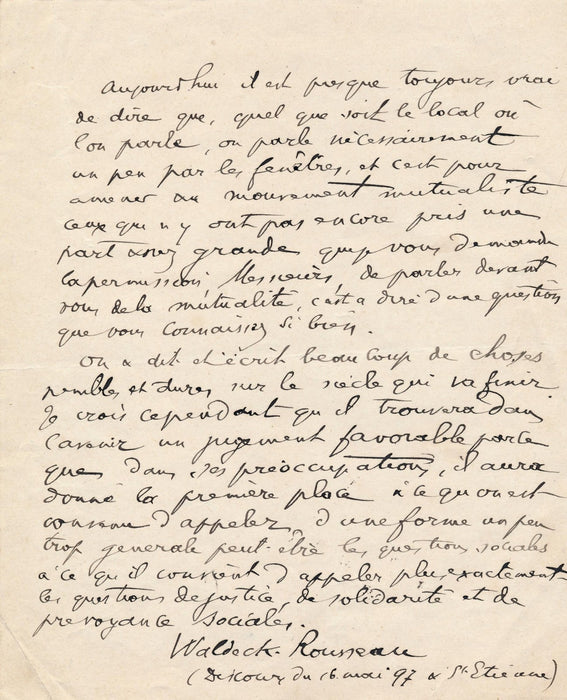 Sur mutalisme P. Waldeck Rousseau note manuscrite discours Saint-Etienne 1897