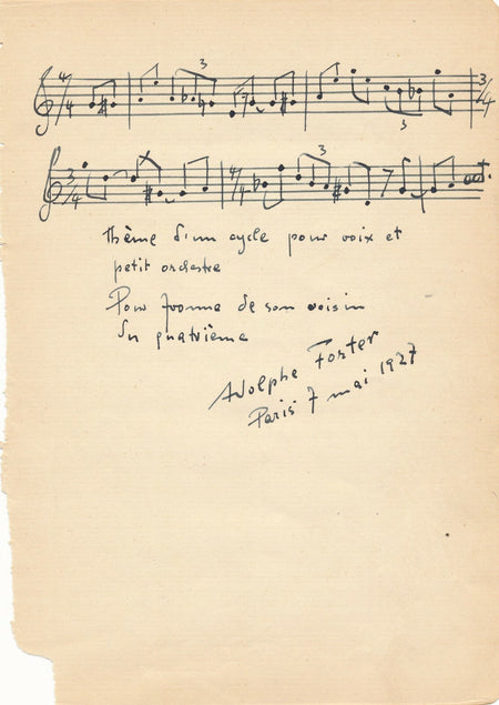 Adolphe FORTER pianiste 2 portées musicales manuscrites signées 