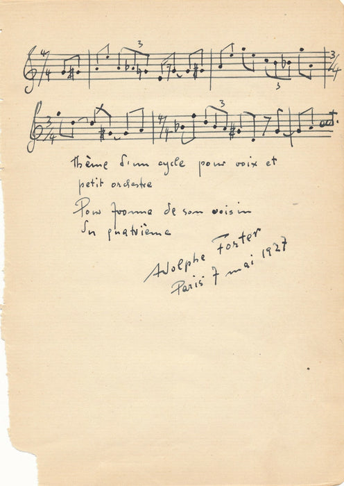 Adolphe FORTER pianiste 2 portées musicales manuscrites signées 