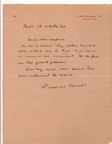 écrivain Francis Carco (1886-1958), écrivain lettre autographe signée La Rue