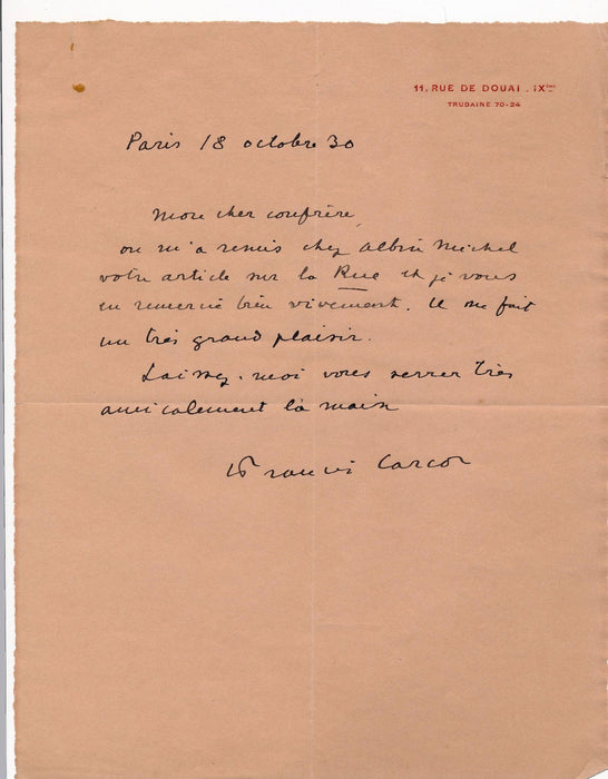 écrivain Francis Carco (1886-1958), écrivain lettre autographe signée La Rue