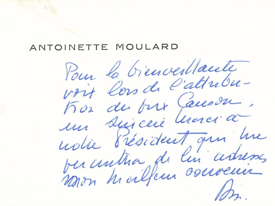 Antoinette MOULARD carte autographe signée prix Canson