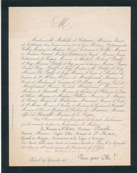Comtesse DASH Mars lettre autographe signée entretien important Dumas décès