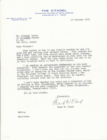 Mark Wayne CLARK général américain Military College South Carolina lettre signée