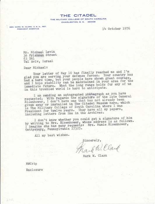 Mark Wayne CLARK général américain Military College South Carolina lettre signée
