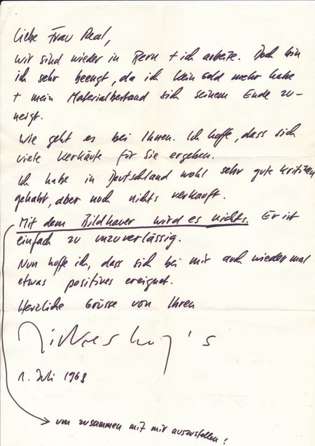 Suisse Urs DICKERHOF Lettre autographe signée galerie Gisèle Réal Ascona