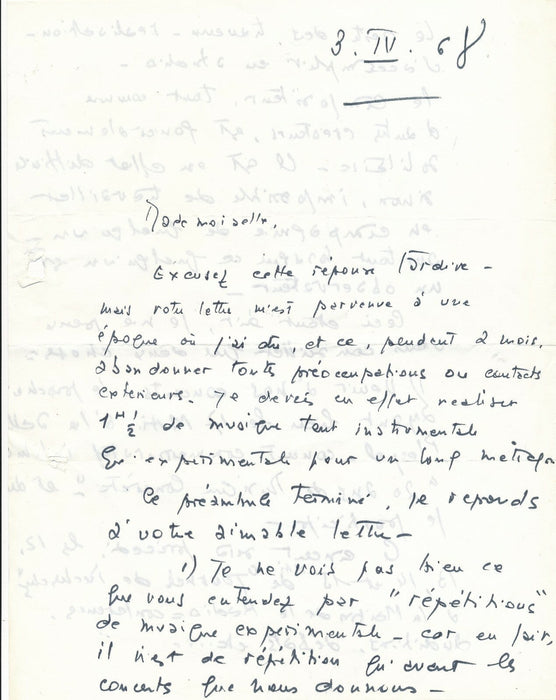 Bernard PARMEGIANI musique électro acoustique lettre autographe signée élève