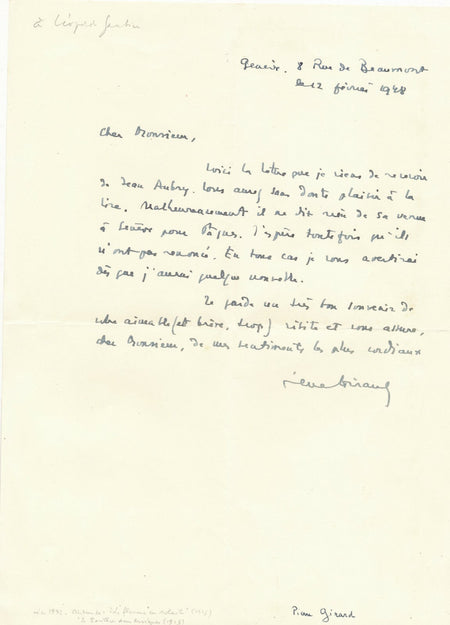 Pierre GIRARD écrivain suisse lettre autographe signée venue Jean Aubry