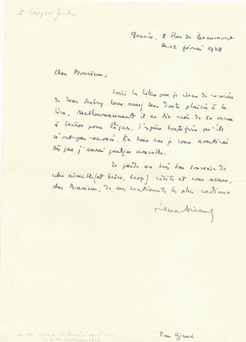 Pierre GIRARD écrivain suisse lettre autographe signée venue Jean Aubry