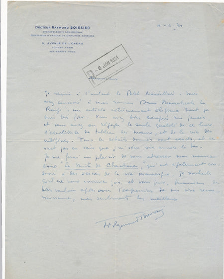 Raymond Boissier romancier médecin lettre autographe signée Marrakech rouge