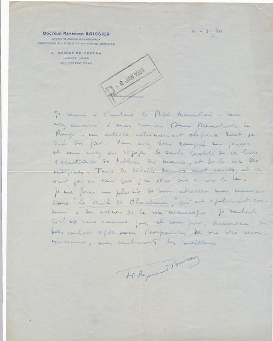 Raymond Boissier romancier médecin lettre autographe signée Marrakech rouge
