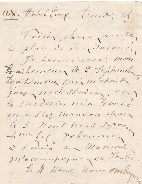 le pianiste Félix LE COUPPEY donne le plan de ses vacances ! lettre autographe