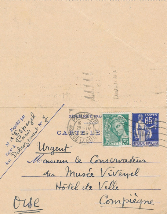 Pierre d ESPEZEL lettre autographe signée musée Vivenel à Compiègne monnaie