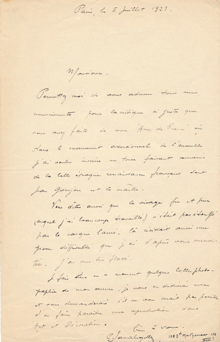 Carlo SARRABEZOLLES explique Âme de la France sculpture lettre autographe signée