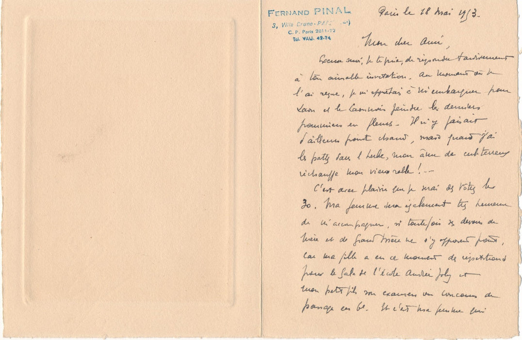 Fernand PINAL gravure eau-forte signée ET bel envoi autographe signé Laon
