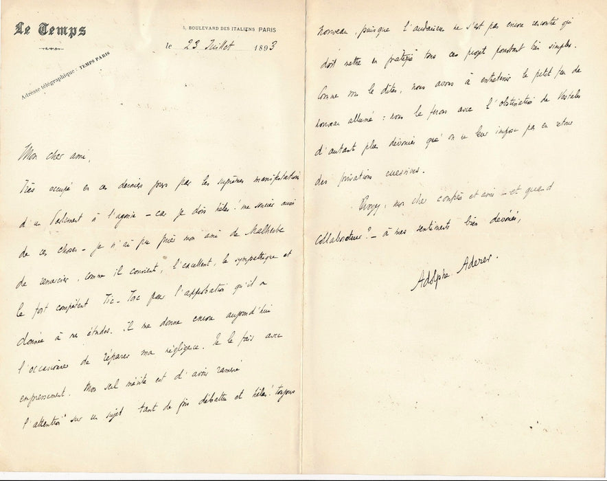 ecrivain Adolphe Aderer La Roche sur Yon lettre autographe signée Malherbe 