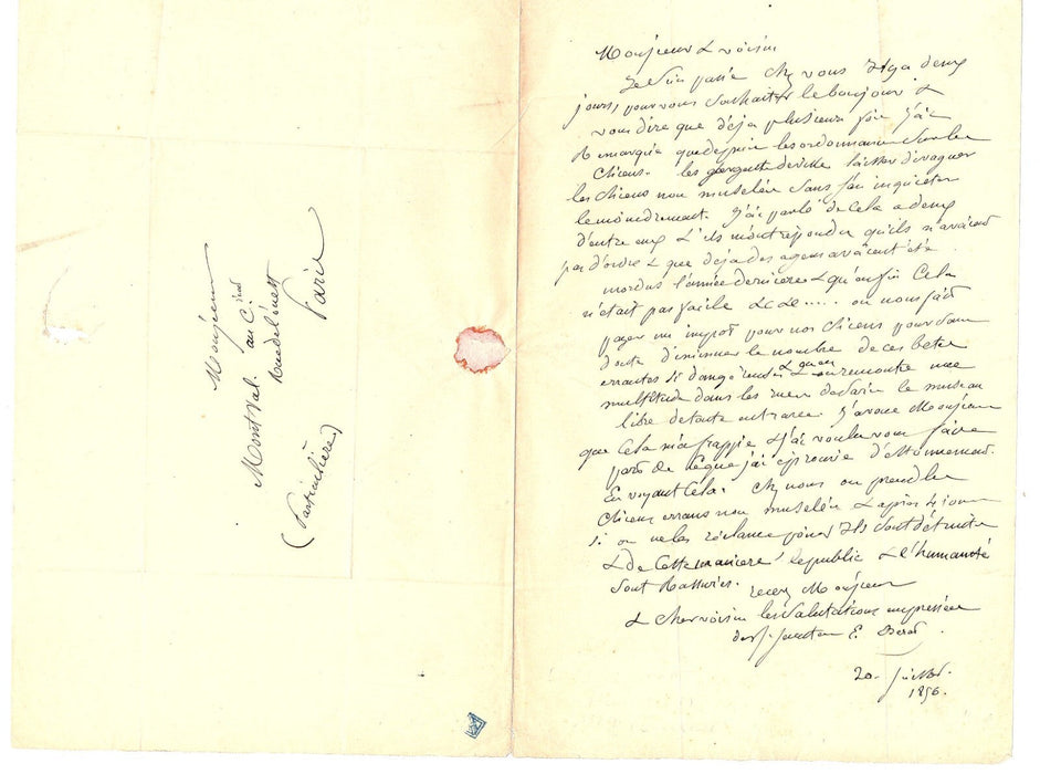 Eustache Bérat contre les chiens errants lettre autographe signée humour