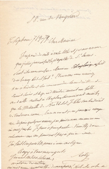 médailleur Oscar ROTY recommande Chaplain pour médaille Saint-Saëns lettre