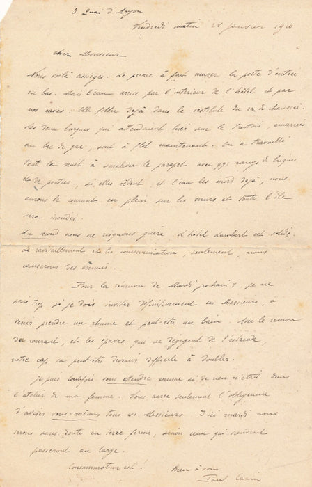 Paul CAZIN inondations Paris 1910 lettre autographe signée hôtel Lambert