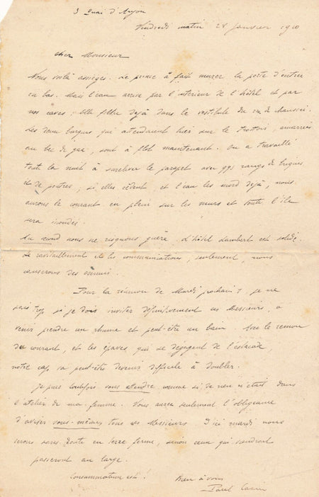 Paul CAZIN inondations Paris 1910 lettre autographe signée hôtel Lambert