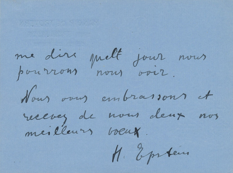 Henri EPSTEIN Carte autographe signée adressée à Madame Coquiot aquarelles