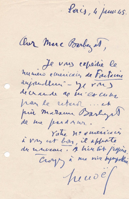 Littérature Jean Denoël  autographe Barbezat revue Fontaine Arbalète lettre