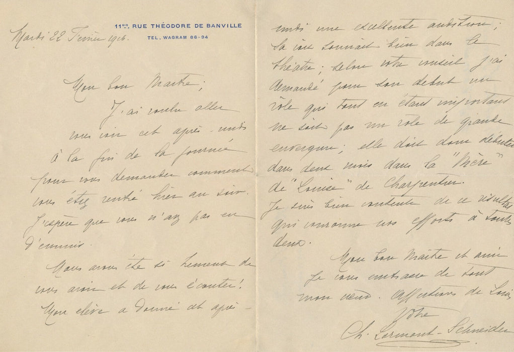 Charlotte LORMONT opéra chanteuse 2 lettres autographe signée peur élève Febvre