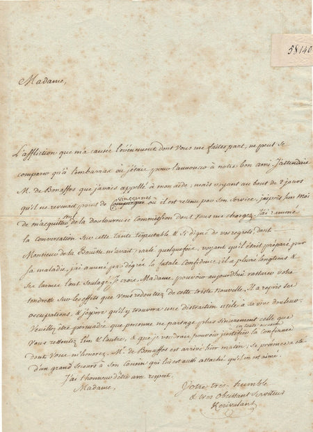 Nicolas LE DEIST DE KÉRIVALANT lettre autographe signée de La Bouisse décès