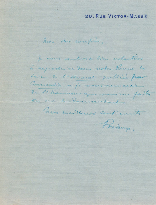 Lot Eugène Brieux théâtre dramaturge 5 lettres autographes signées