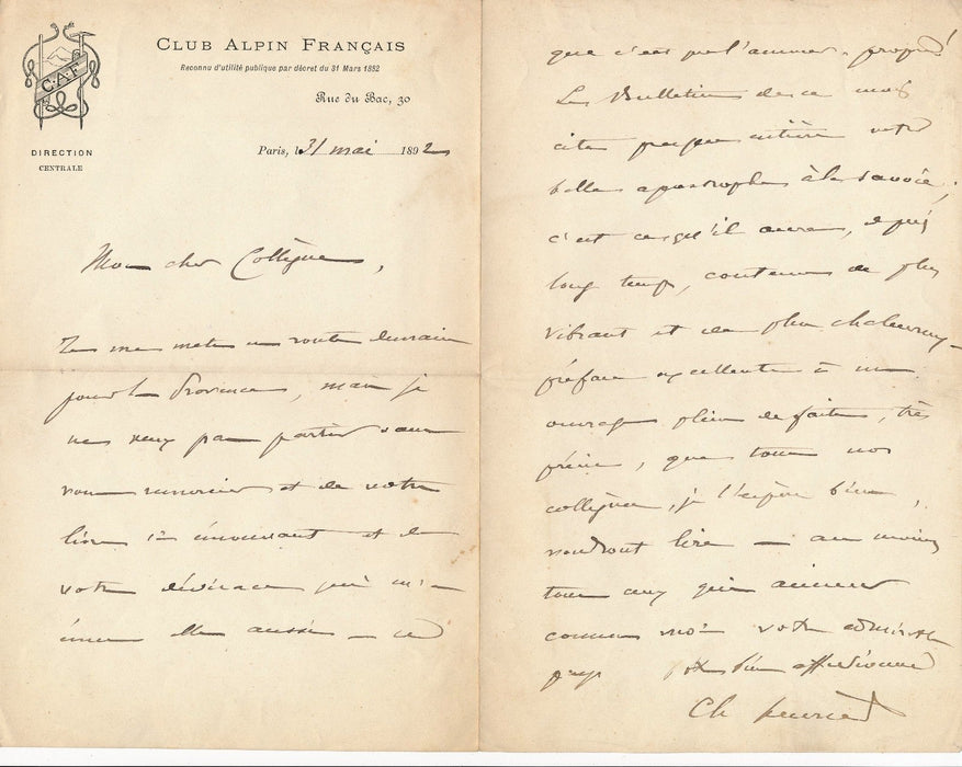 géographie Charles Durier 2 lettres autographes signée Savoie club alpin