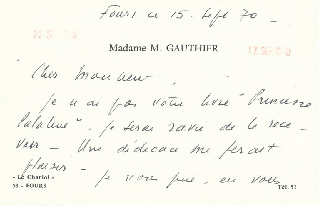 Marthe GAUTHIER carte ET lettre autographe signée : ouvrage princesse Gonzague
