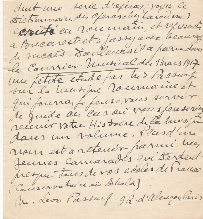 Stan GOLESTAN musique Roumain Lettre autographe signée Histoire musique Caudella