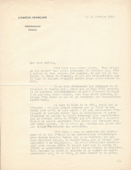 Edouard BOURDET dramaturge lettre signée à Maurice Donnay Amants.
