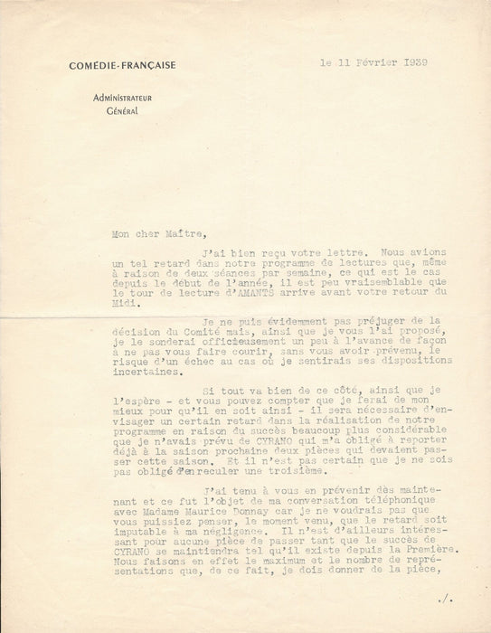 Edouard BOURDET dramaturge lettre signée à Maurice Donnay Amants.