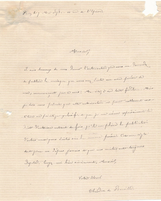 Théodore de Banville lettre autographe signée il donne l'autorisation musique