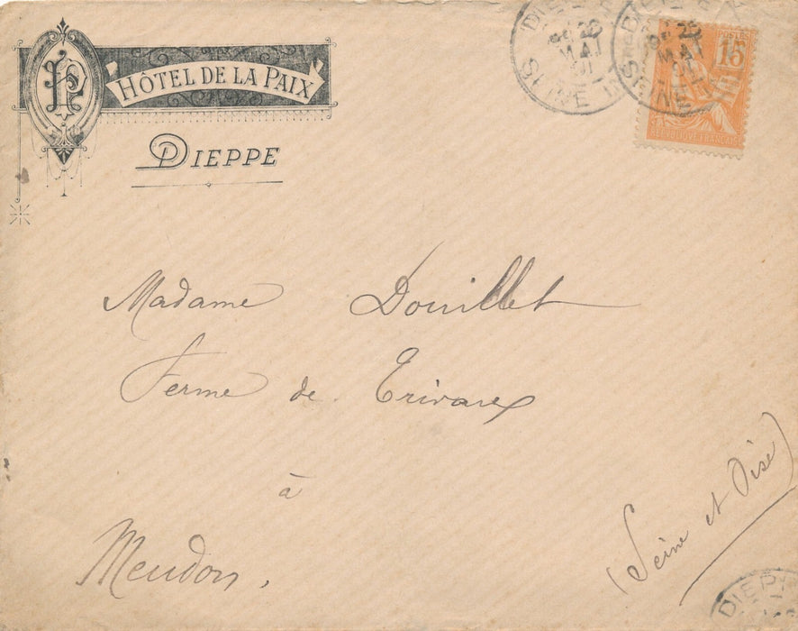 Lettre manuscrite en tête de Hôtel de la Paix Dieppe enveloppe Meudon Douillet