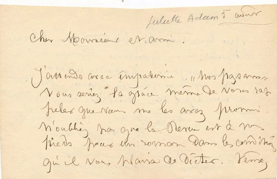 Lot Juliette ADAM écrivaine féministe 3 documents autographes et carte visite