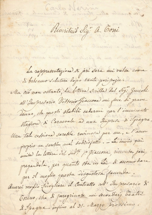 Carlo G. NERINI lettre autographe signée : il n'est pas content d'être cédé !