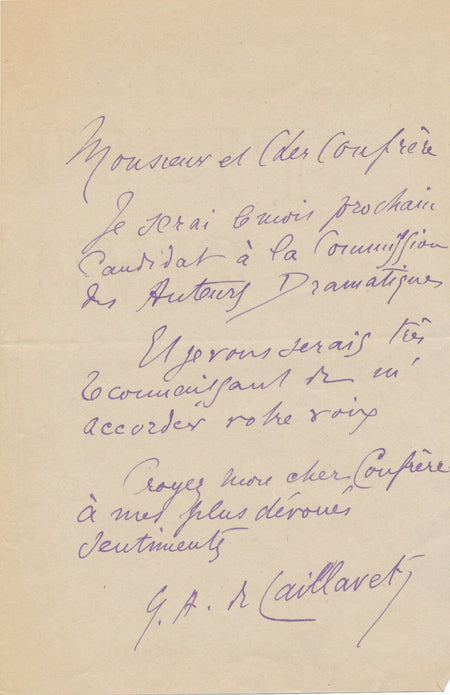 Gaston Armand CAVAILLET lettre autographe signée voix candidature auteur