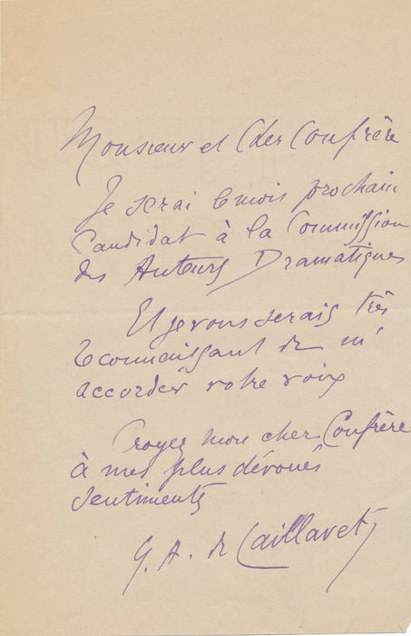 Gaston Armand CAVAILLET lettre autographe signée voix candidature auteur
