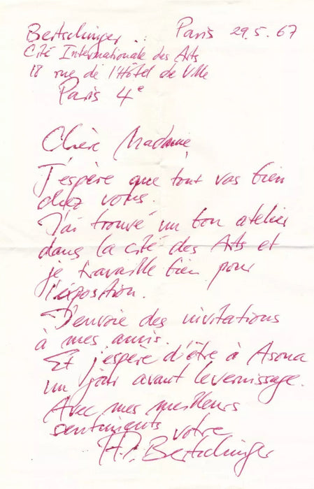 Hafis Joachim BERTSCHINGER Suisse artiste 7 lettres autographes