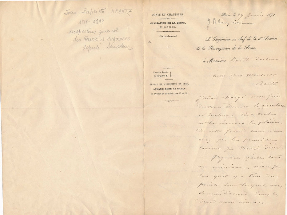 ingénieur Pont Chaussée Jean-Baptiste Krantz autographe signée Prusse guerre