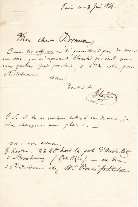 Jean-Georges KASTNER compositeur lettre autographe signée
