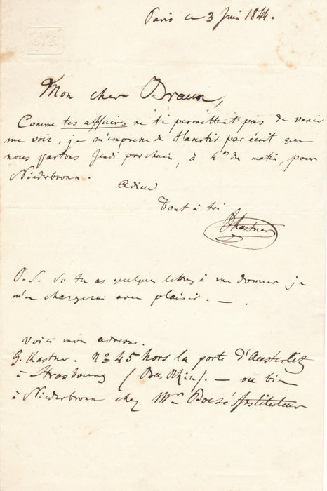 Jean-Georges KASTNER compositeur lettre autographe signée