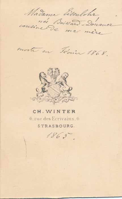 Mme EISENLOHR née BOISSARD-DONAUER morte 1868 cdv photo photographie Strasbourg