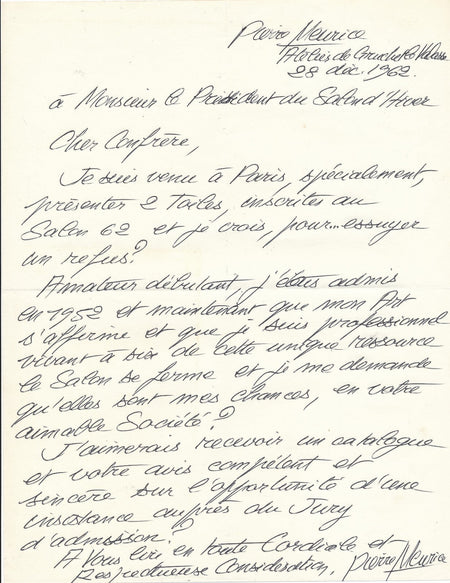 Pierre MEURICE peintre lettre autographe graveur DANIEL-GIRARD salon Hiver